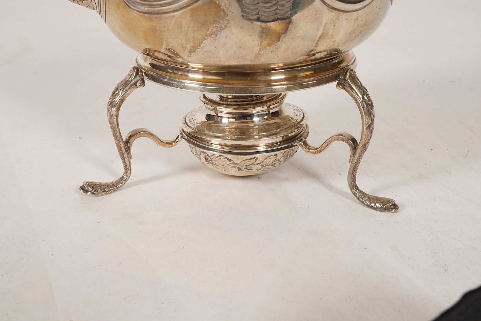 A George I silver tea kettle on stand, with burner by Gabriel Sleath, stand unmarked